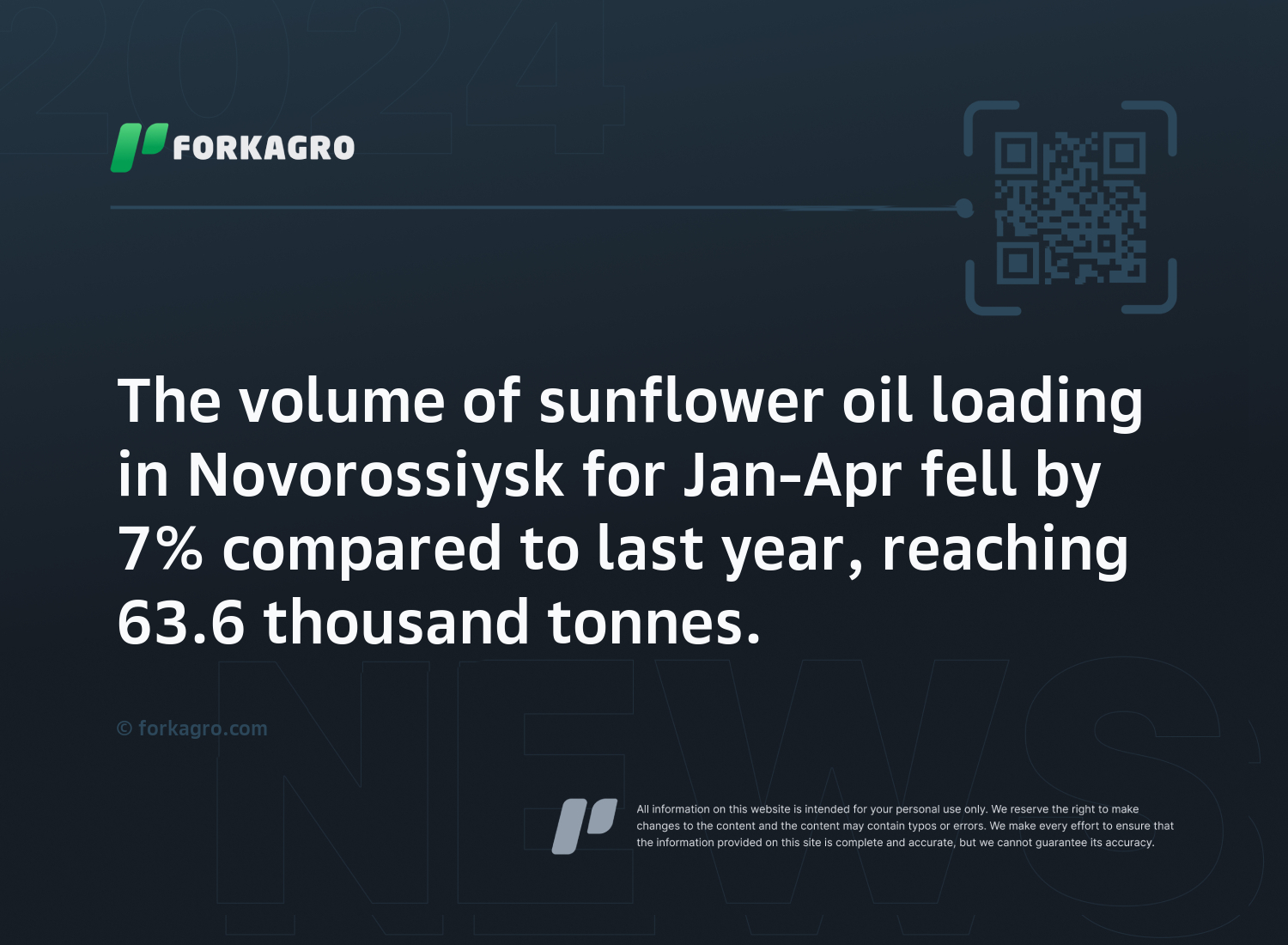 The volume of sunflower oil loading in Novorossiysk for Jan-Apr fell by 7% compared to last year, reaching 63.6 thousand tonnes.