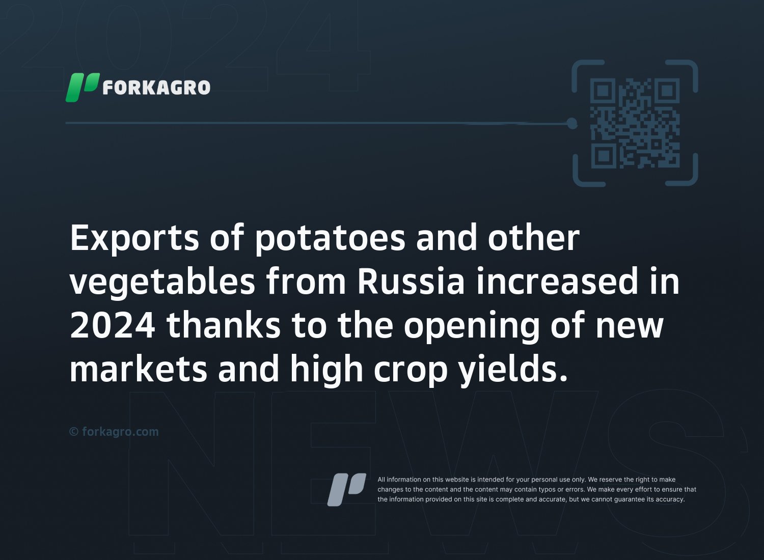 Exports of potatoes and other vegetables from Russia increased in 2024 thanks to the opening of new markets and high crop yields.
