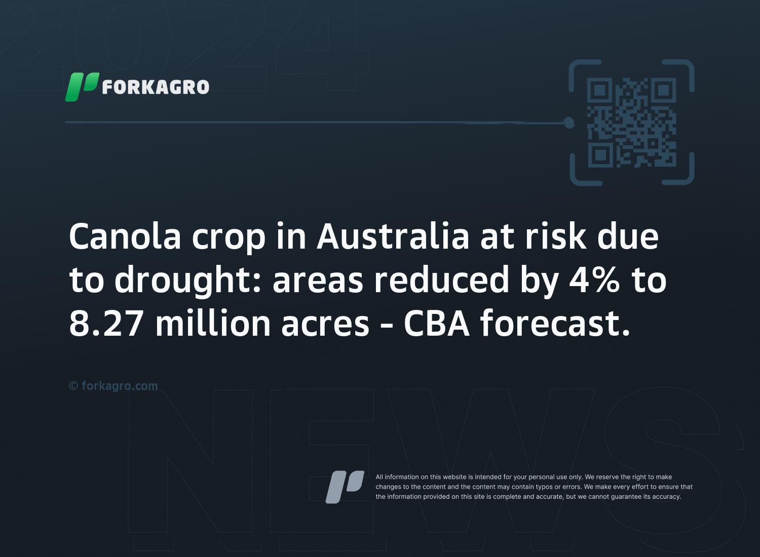 Canola crop in Australia at risk due to drought: areas reduced by 4% to 8.27 million acres - CBA forecast.