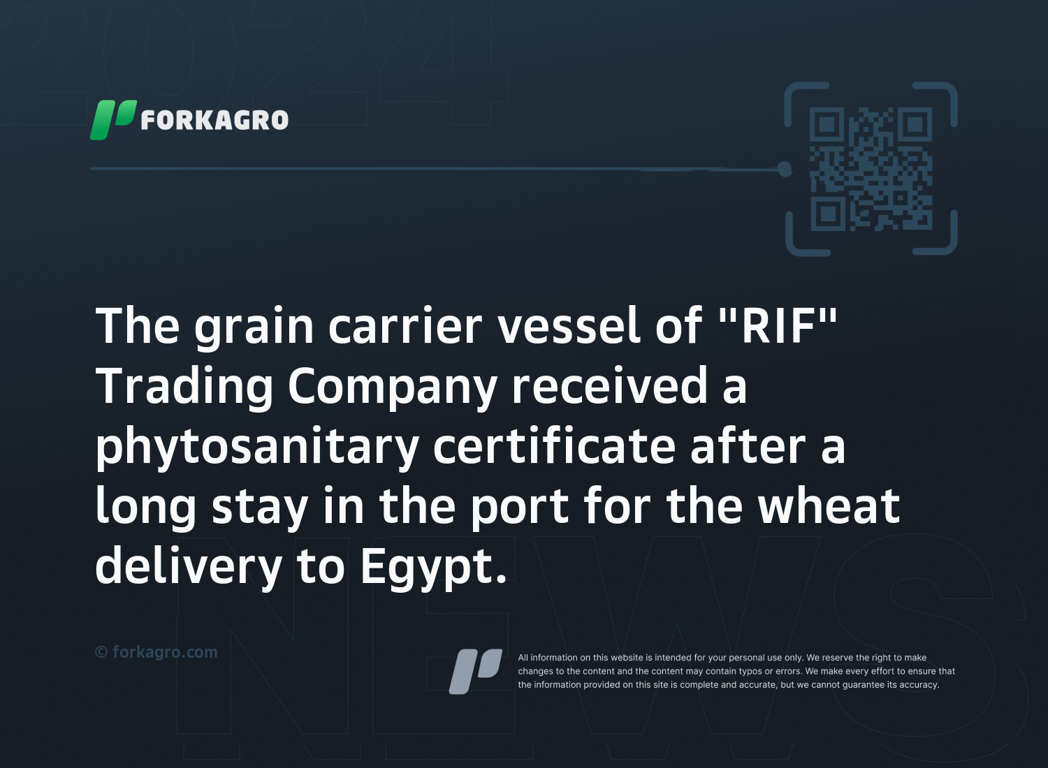 The grain carrier vessel of "RIF" Trading Company received a phytosanitary certificate after a long stay in the port for the wheat delivery to Egypt.