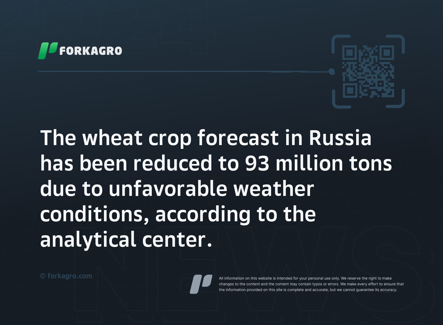 The wheat crop forecast in Russia has been reduced to 93 million tons due to unfavorable weather conditions, according to the analytical center.