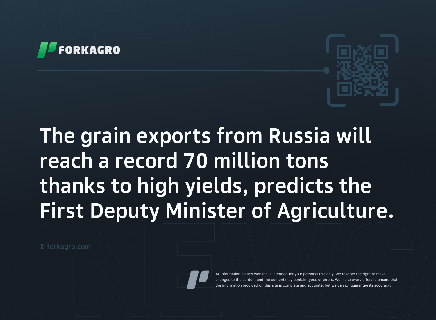 The grain exports from Russia will reach a record 70 million tons thanks to high yields, predicts the First Deputy Minister of Agriculture.