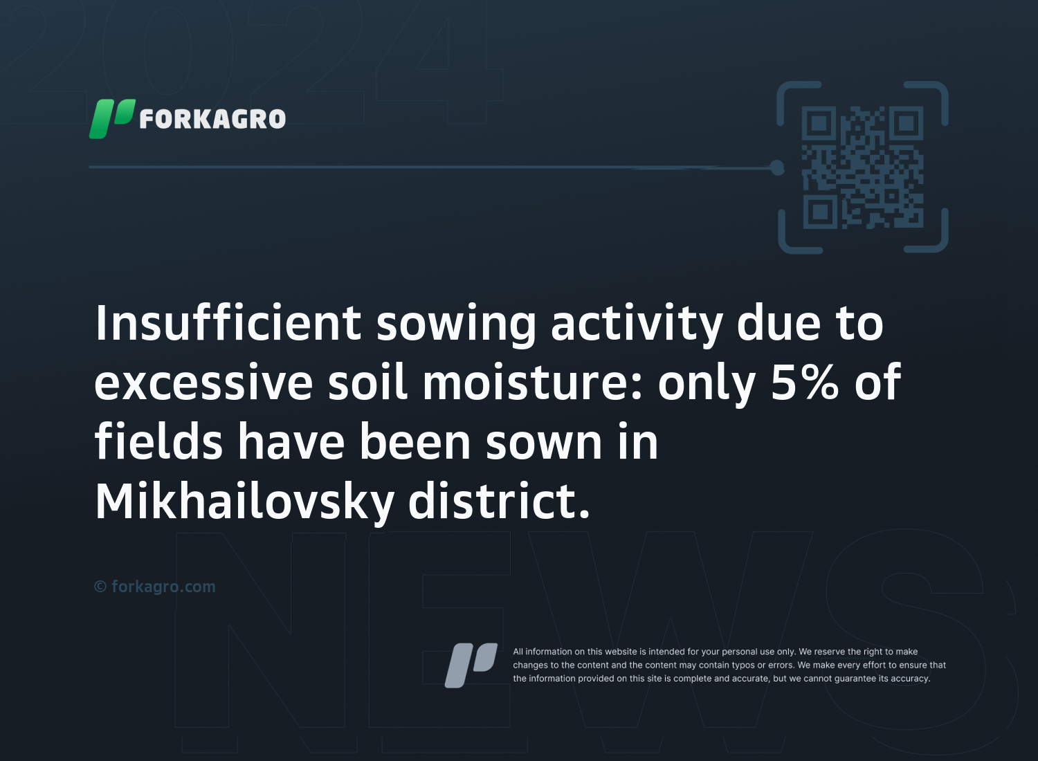 Insufficient sowing activity due to excessive soil moisture: only 5% of fields have been sown in Mikhailovsky district.