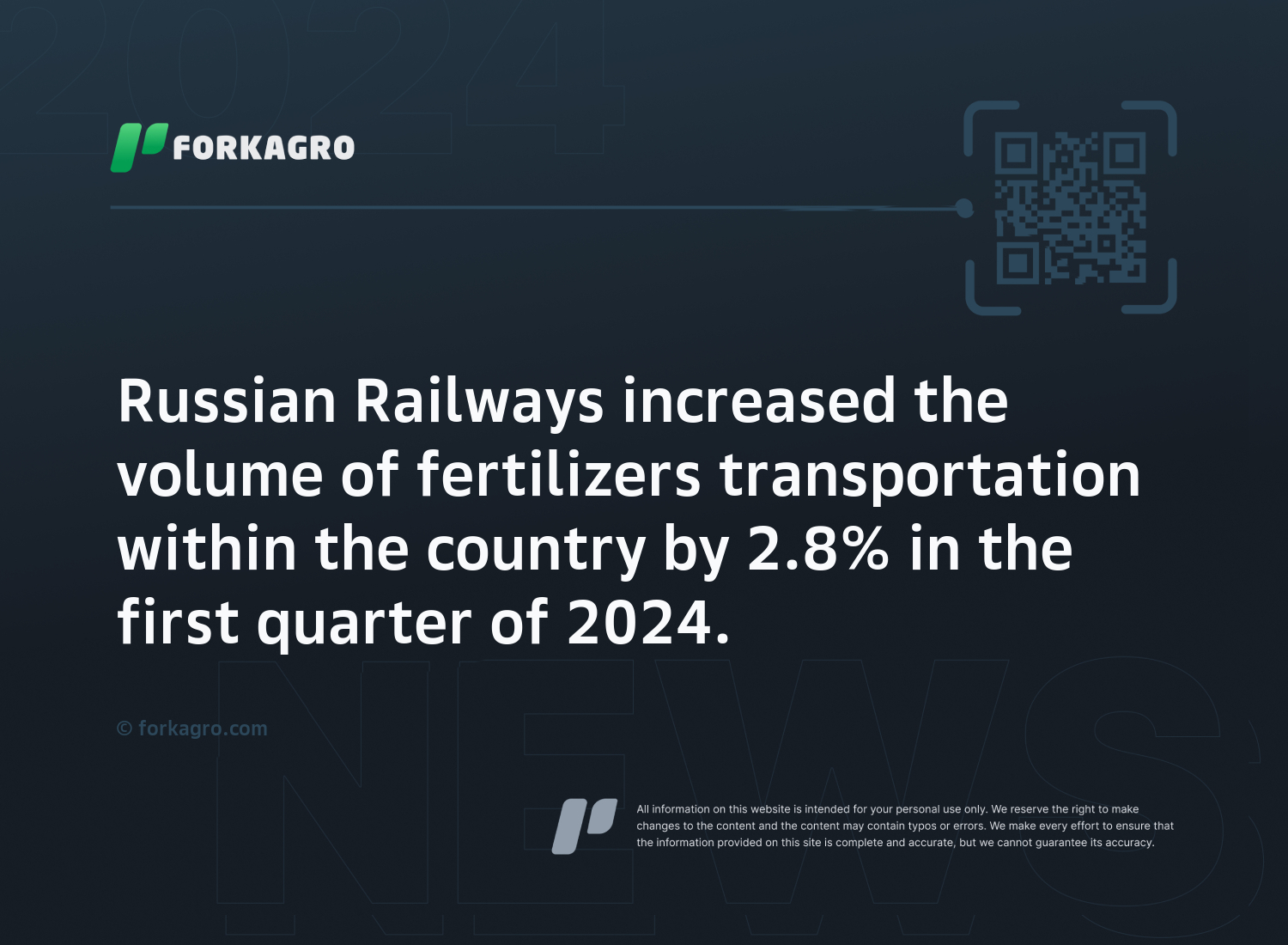 Russian Railways increased the volume of fertilizers transportation within the country by 2.8% in the first quarter of 2024.
