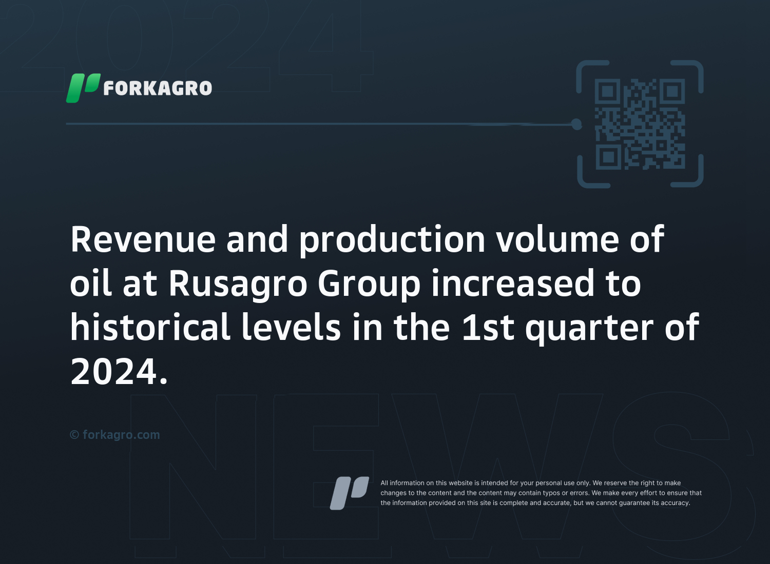 Revenue and production volume of oil at Rusagro Group increased to historical levels in the 1st quarter of 2024.