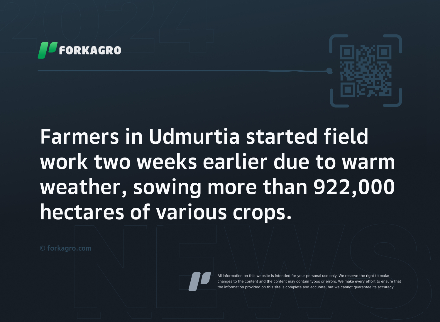 Farmers in Udmurtia started field work two weeks earlier due to warm weather, sowing more than 922,000 hectares of various crops.