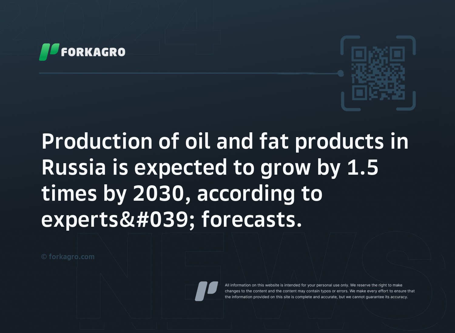 Production of oil and fat products in Russia is expected to grow by 1.5 times by 2030, according to experts' forecasts.