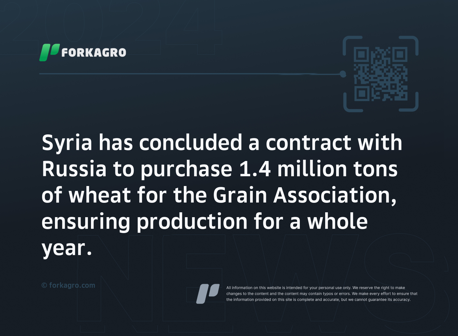 Syria has concluded a contract with Russia to purchase 1.4 million tons of wheat for the Grain Association, ensuring production for a whole year.