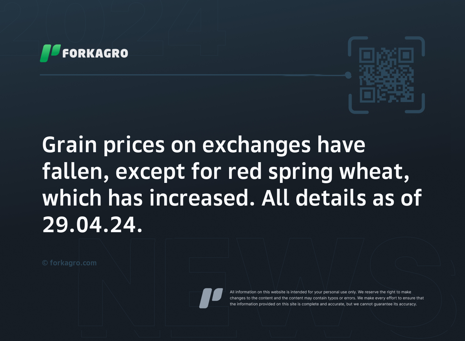 Grain prices on exchanges have fallen, except for red spring wheat, which has increased. All details as of 29.04.24.