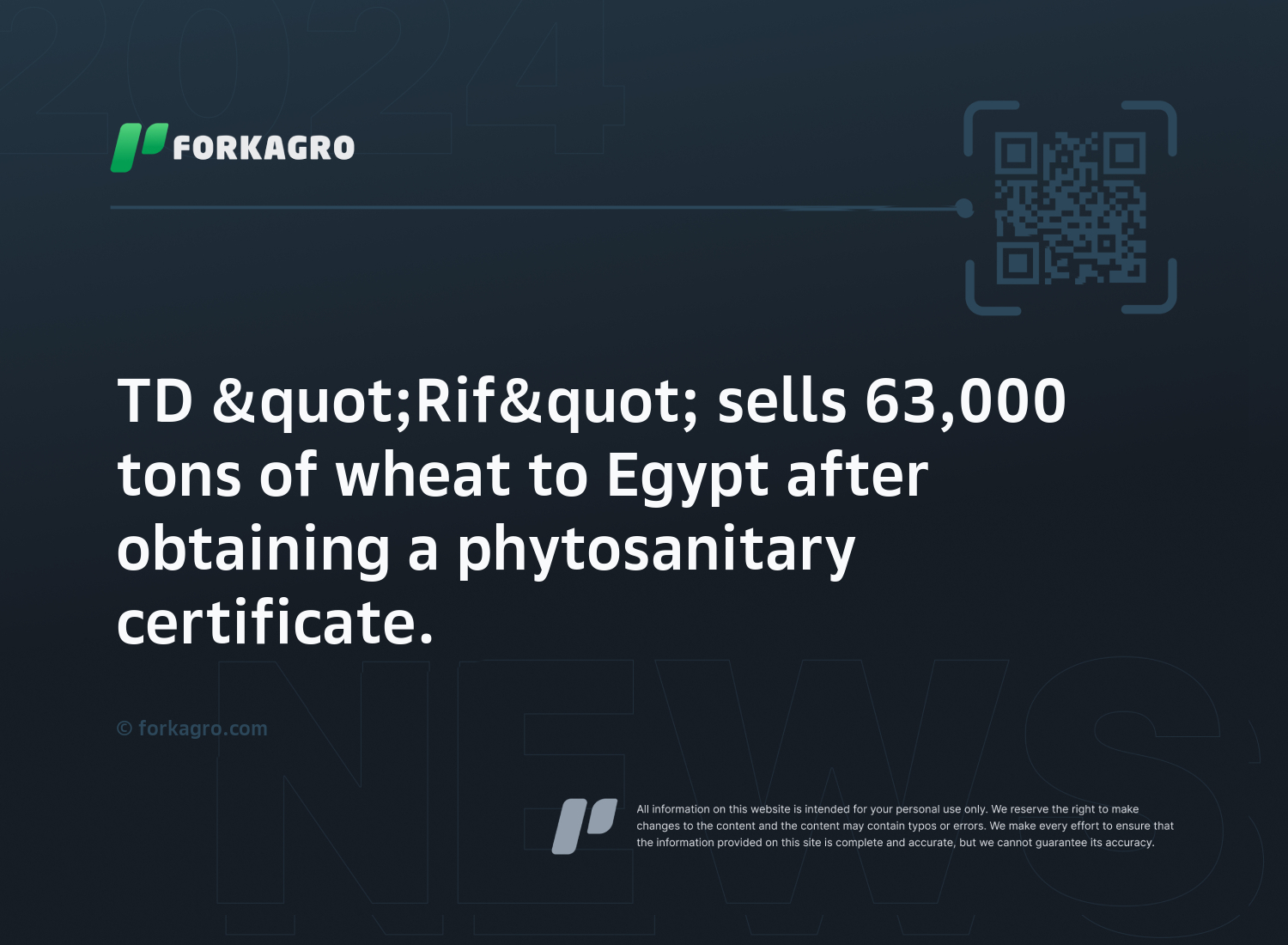 TD "Rif" sells 63,000 tons of wheat to Egypt after obtaining a phytosanitary certificate.