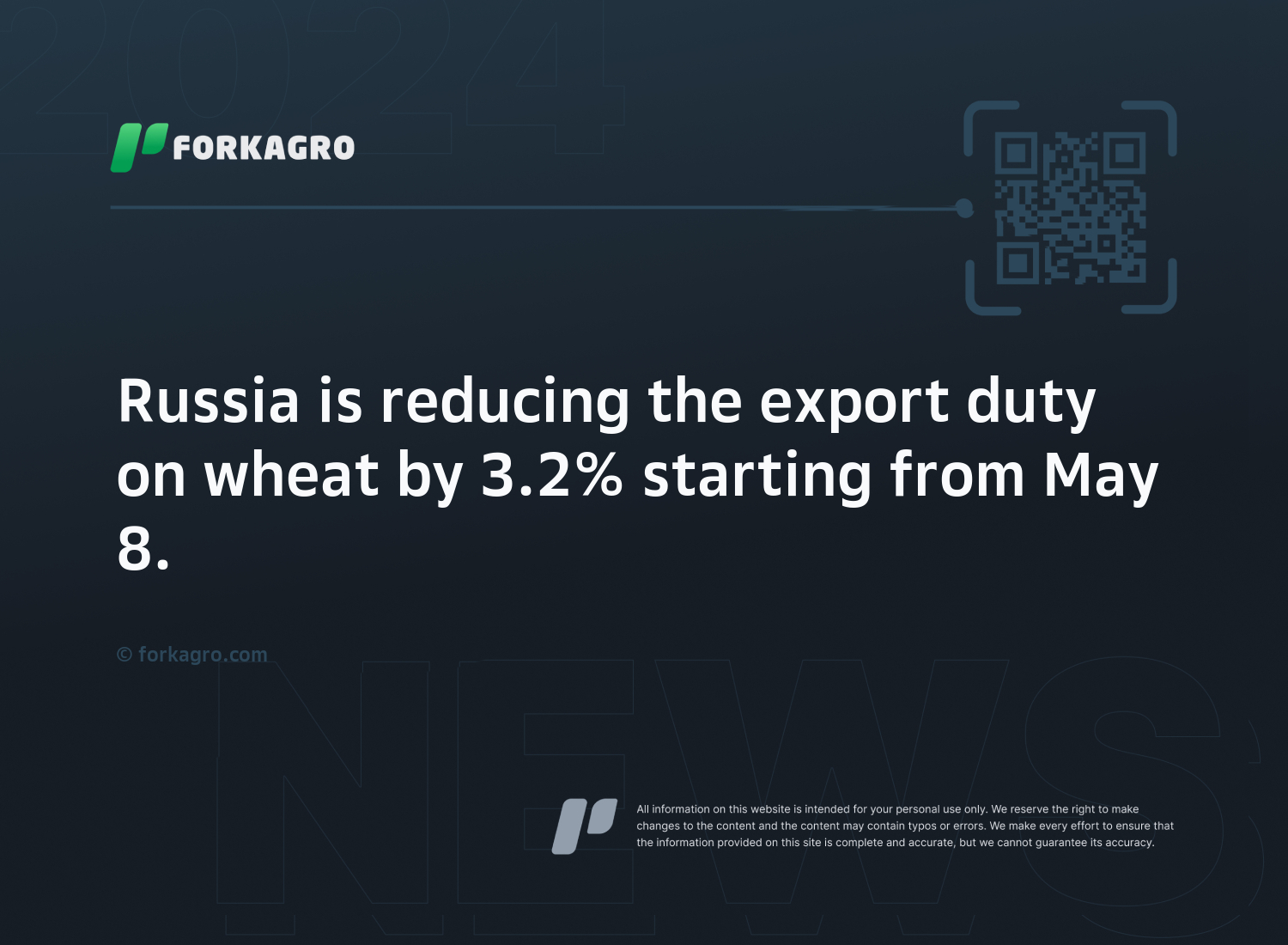 Russia is reducing the export duty on wheat by 3.2% starting from May 8.