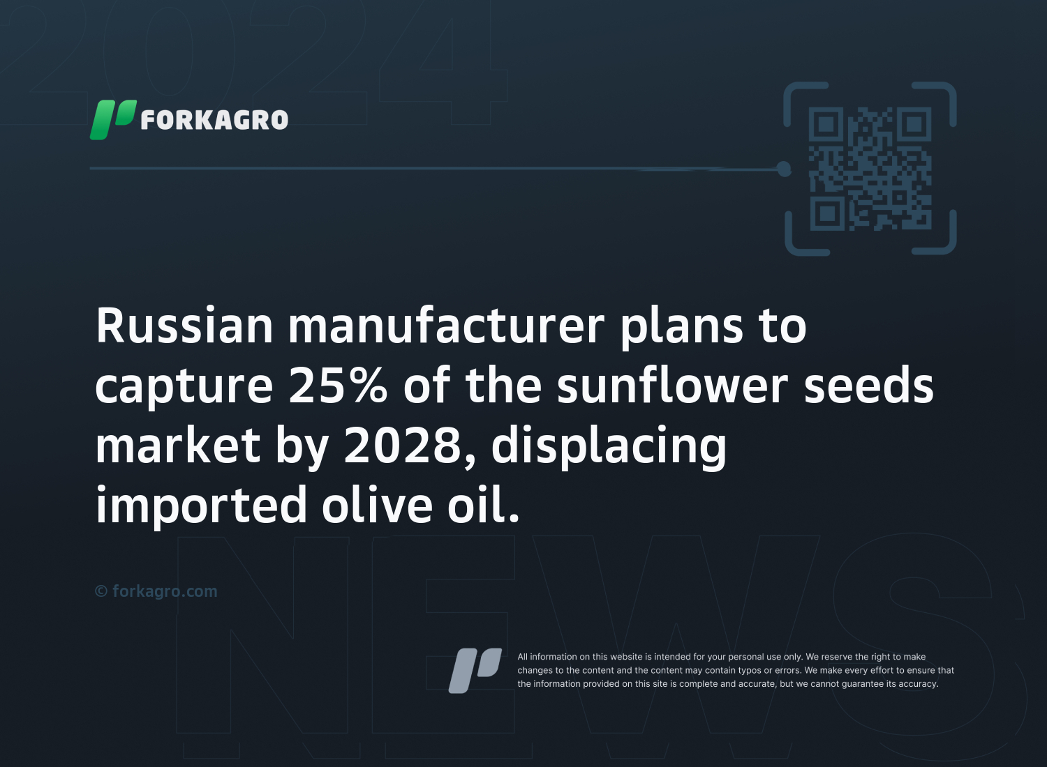 Russian manufacturer plans to capture 25% of the sunflower seeds market by 2028, displacing imported olive oil.