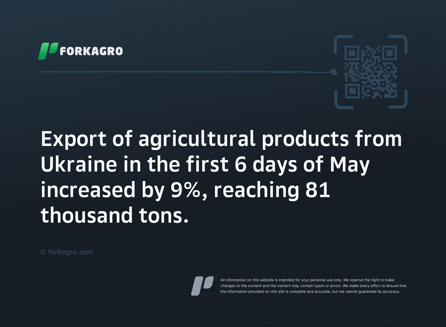 Export of agricultural products from Ukraine in the first 6 days of May increased by 9%, reaching 81 thousand tons.