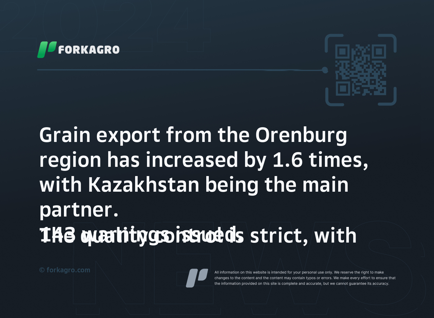 Grain export from the Orenburg region has increased by 1.6 times, with Kazakhstan being the main partner.
The quality control is strict, with 143 warnings issued.
