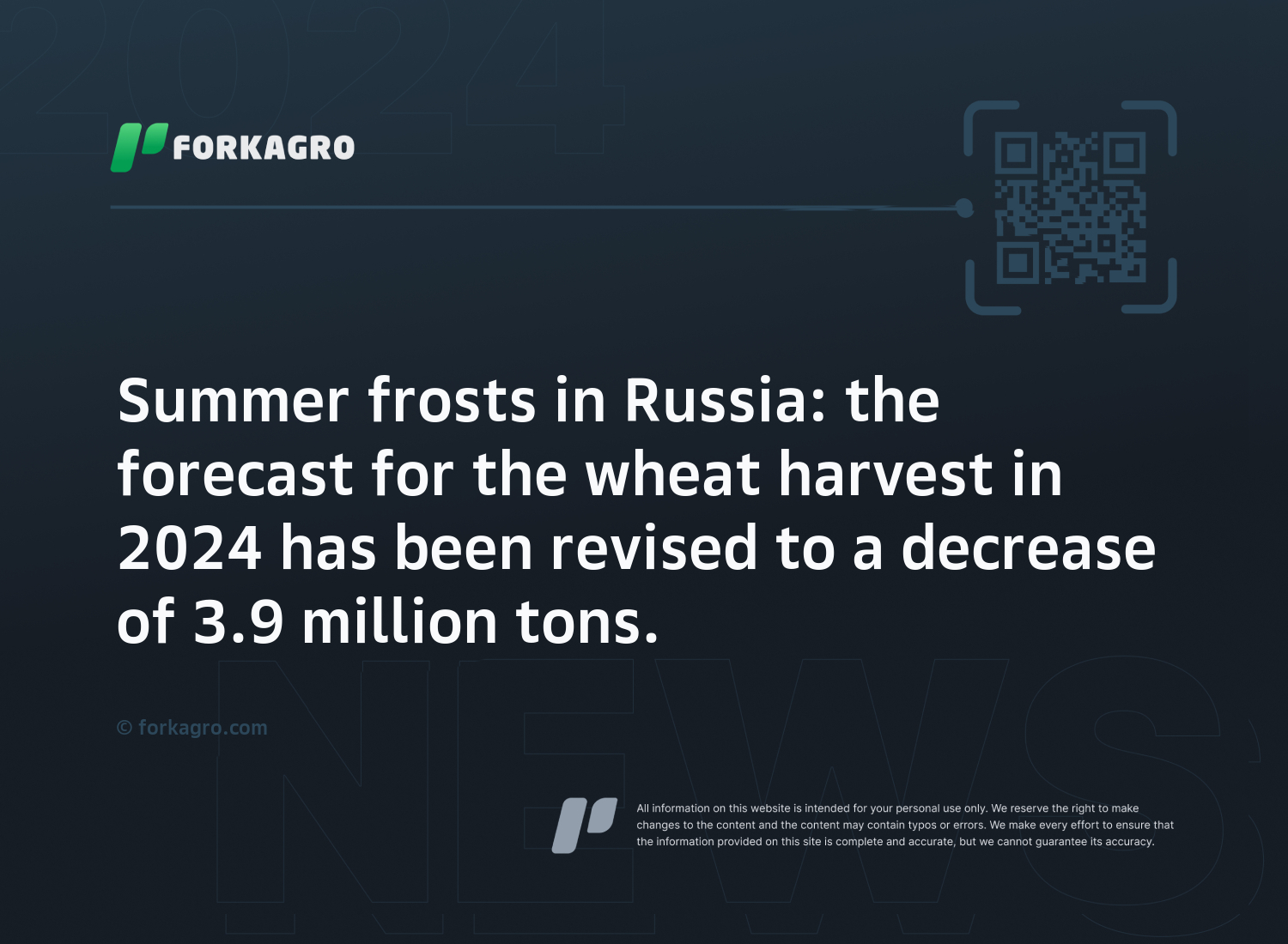 Summer frosts in Russia: the forecast for the wheat harvest in 2024 has been revised to a decrease of 3.9 million tons.