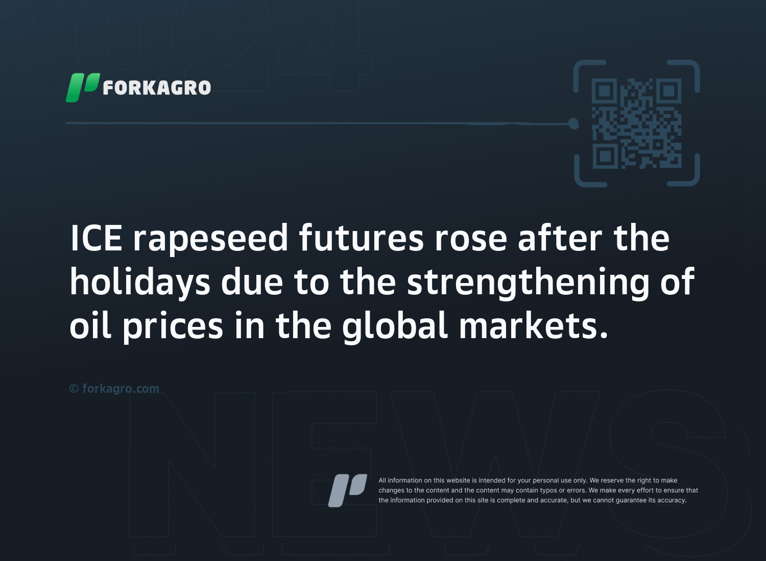 ICE rapeseed futures rose after the holidays due to the strengthening of oil prices in the global markets.