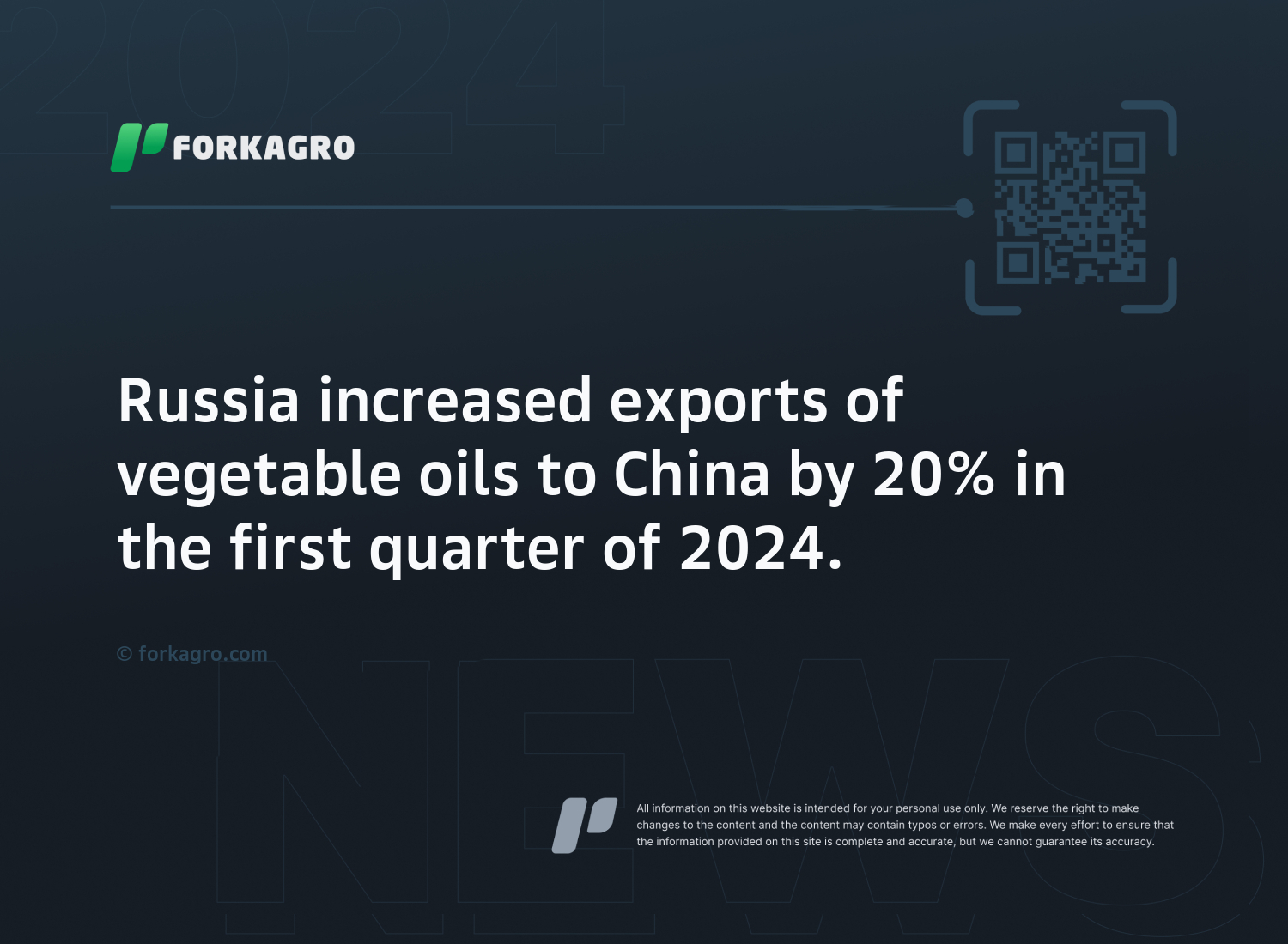 Russia increased exports of vegetable oils to China by 20% in the first quarter of 2024.