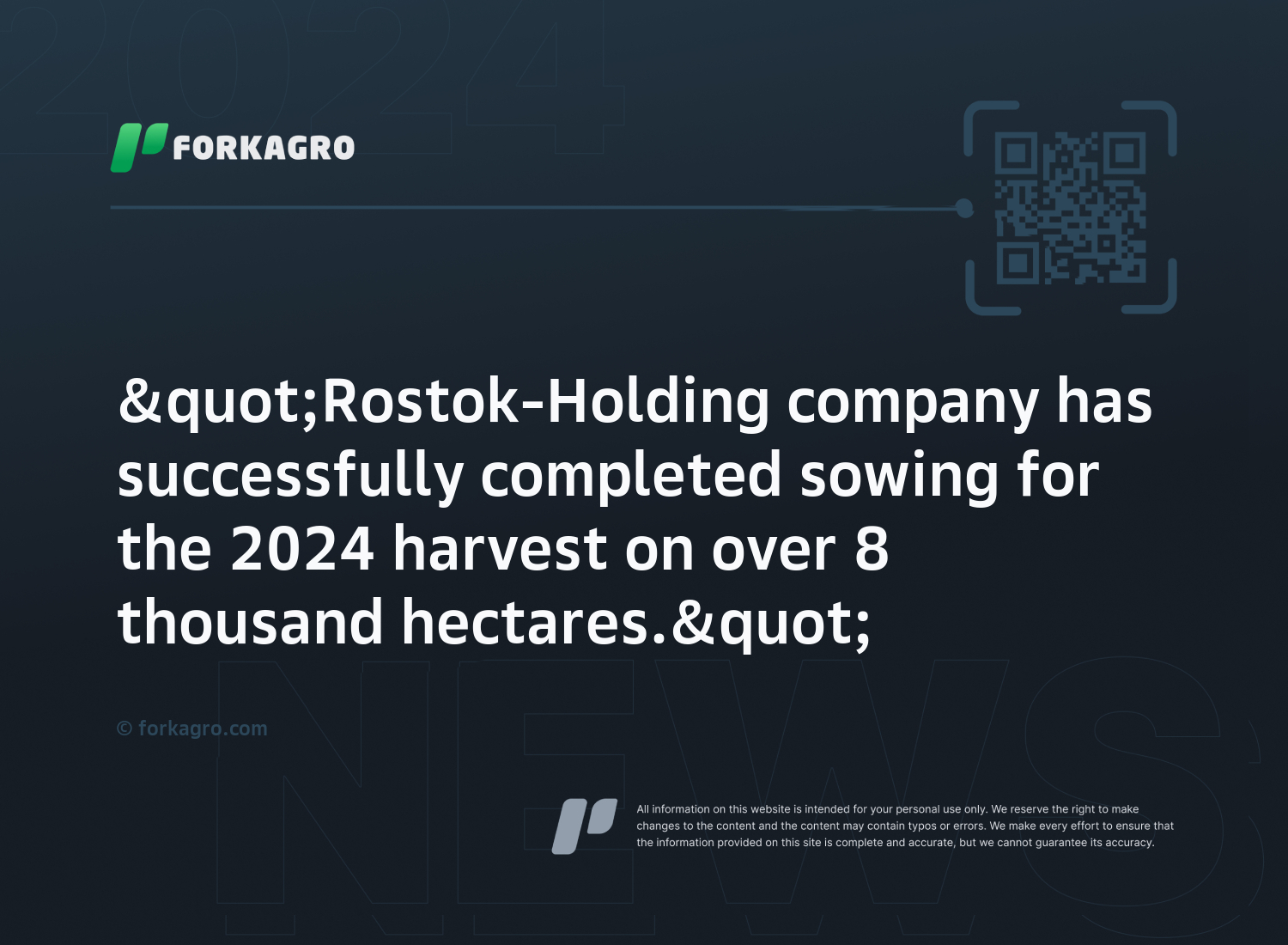 "Rostok-Holding company has successfully completed sowing for the 2024 harvest on over 8 thousand hectares."
