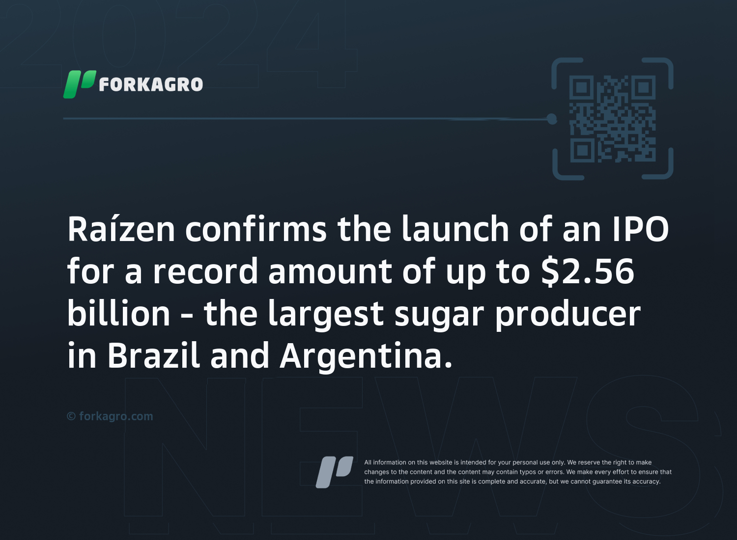 Raízen confirms the launch of an IPO for a record amount of up to $2.56 billion - the largest sugar producer in Brazil and Argentina.