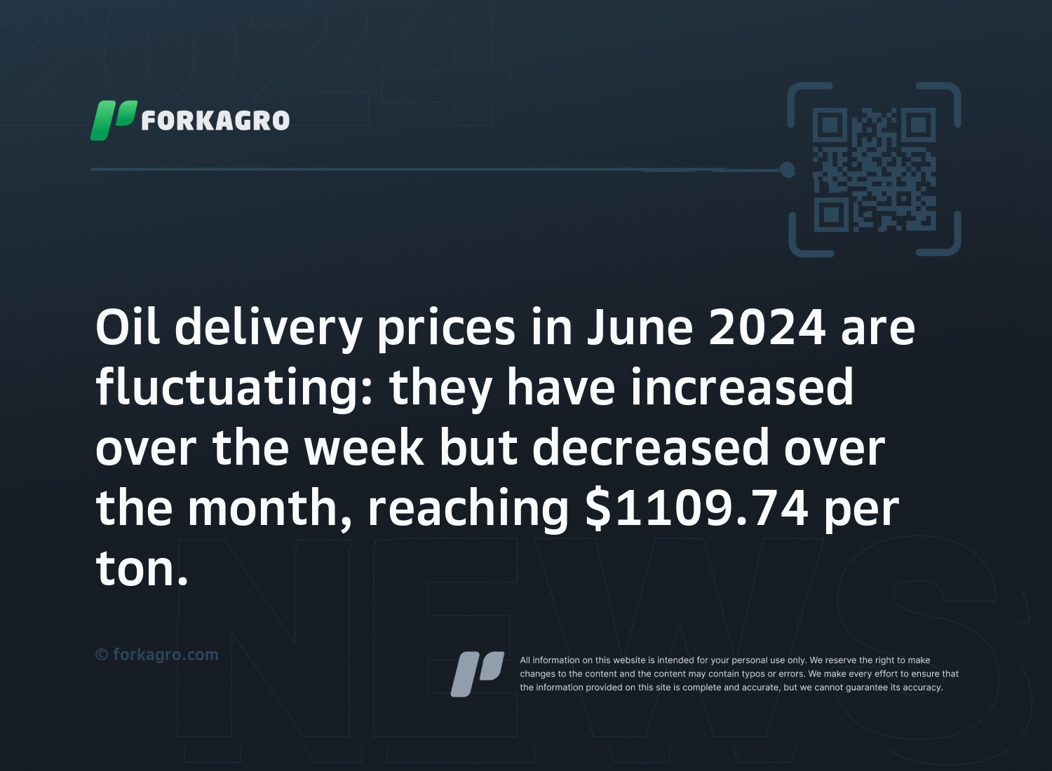 Oil delivery prices in June 2024 are fluctuating: they have increased over the week but decreased over the month, reaching $1109.74 per ton.