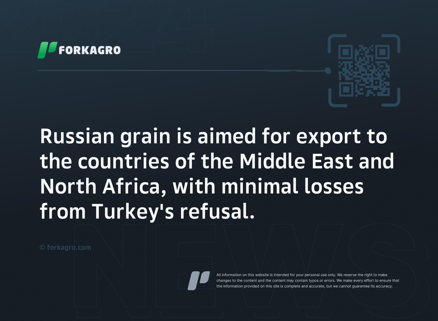 Russian grain is aimed for export to the countries of the Middle East and North Africa, with minimal losses from Turkey's refusal.