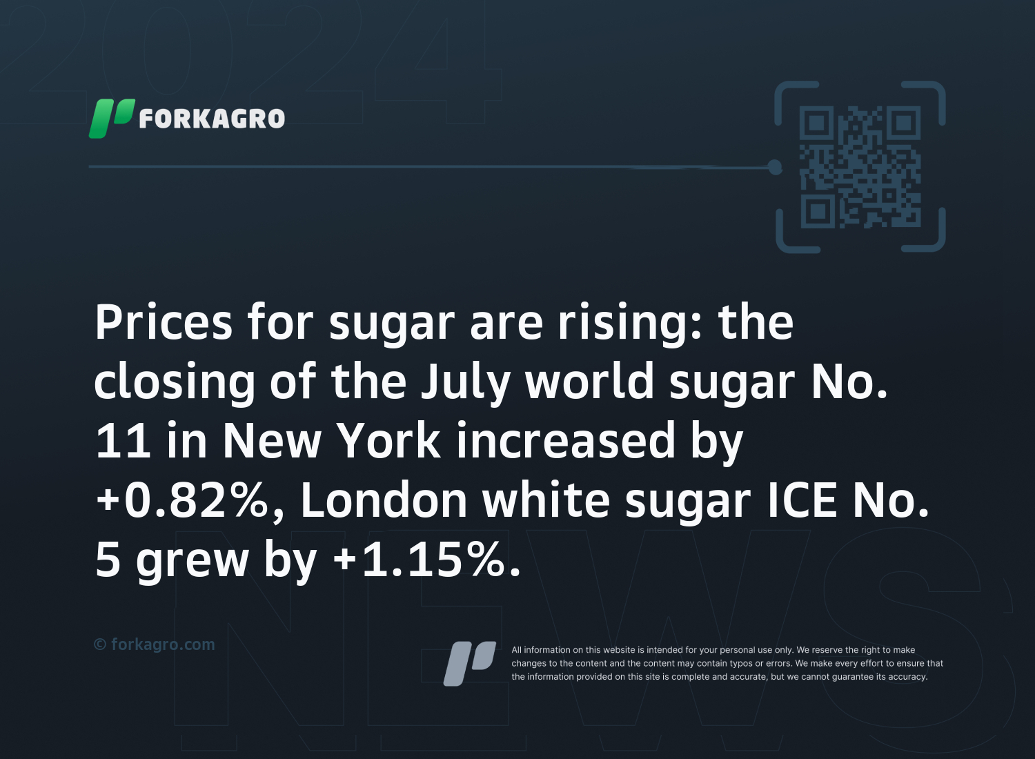 Prices for sugar are rising: the closing of the July world sugar No. 11 in New York increased by +0.82%, London white sugar ICE No. 5 grew by +1.15%.