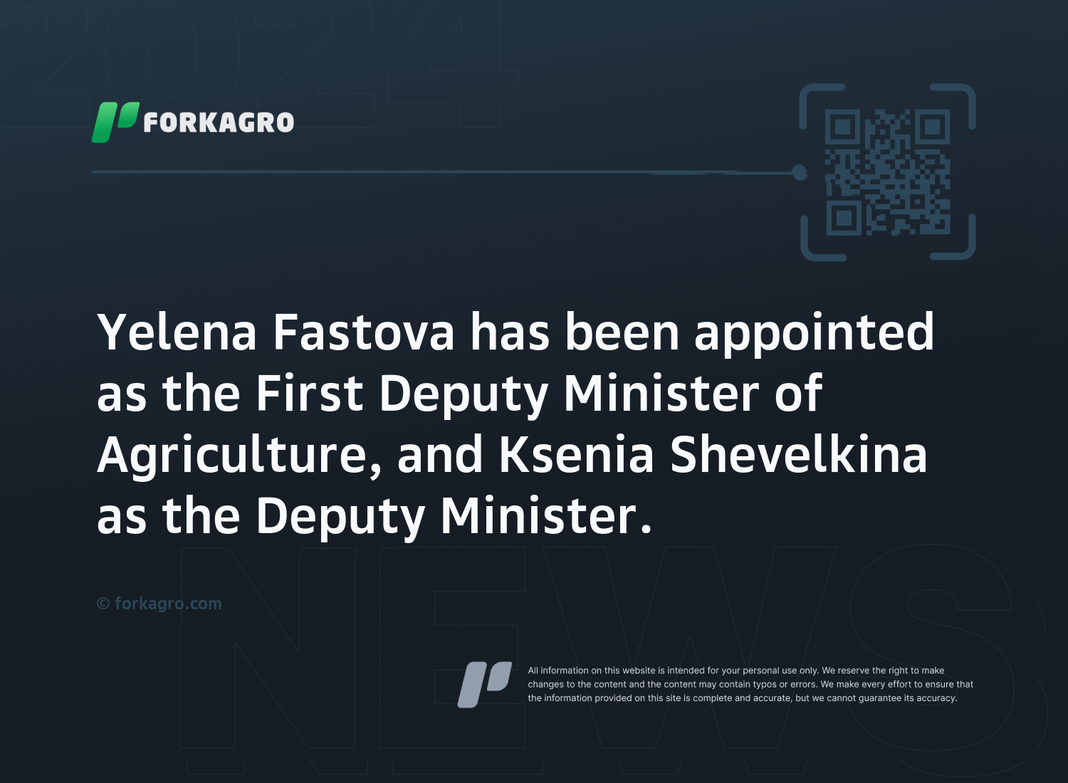 Yelena Fastova has been appointed as the First Deputy Minister of Agriculture, and Ksenia Shevelkina as the Deputy Minister.