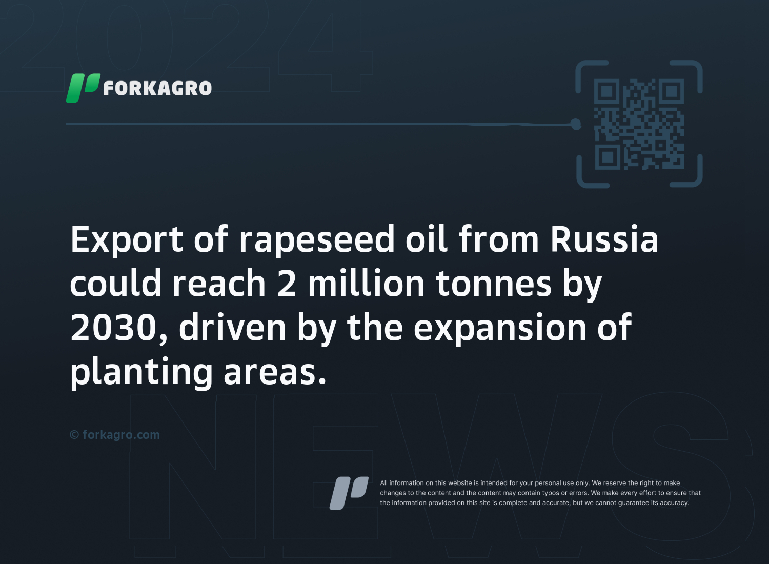 Export of rapeseed oil from Russia could reach 2 million tonnes by 2030, driven by the expansion of planting areas.