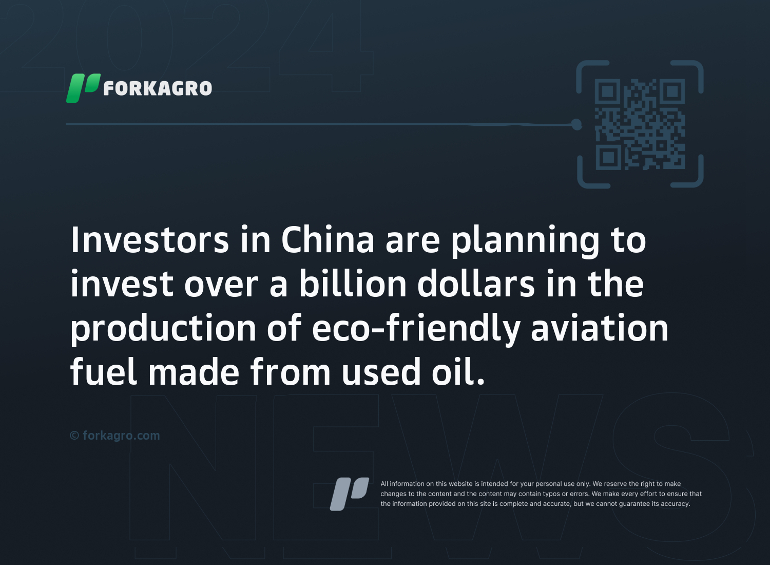 Investors in China are planning to invest over a billion dollars in the production of eco-friendly aviation fuel made from used oil.