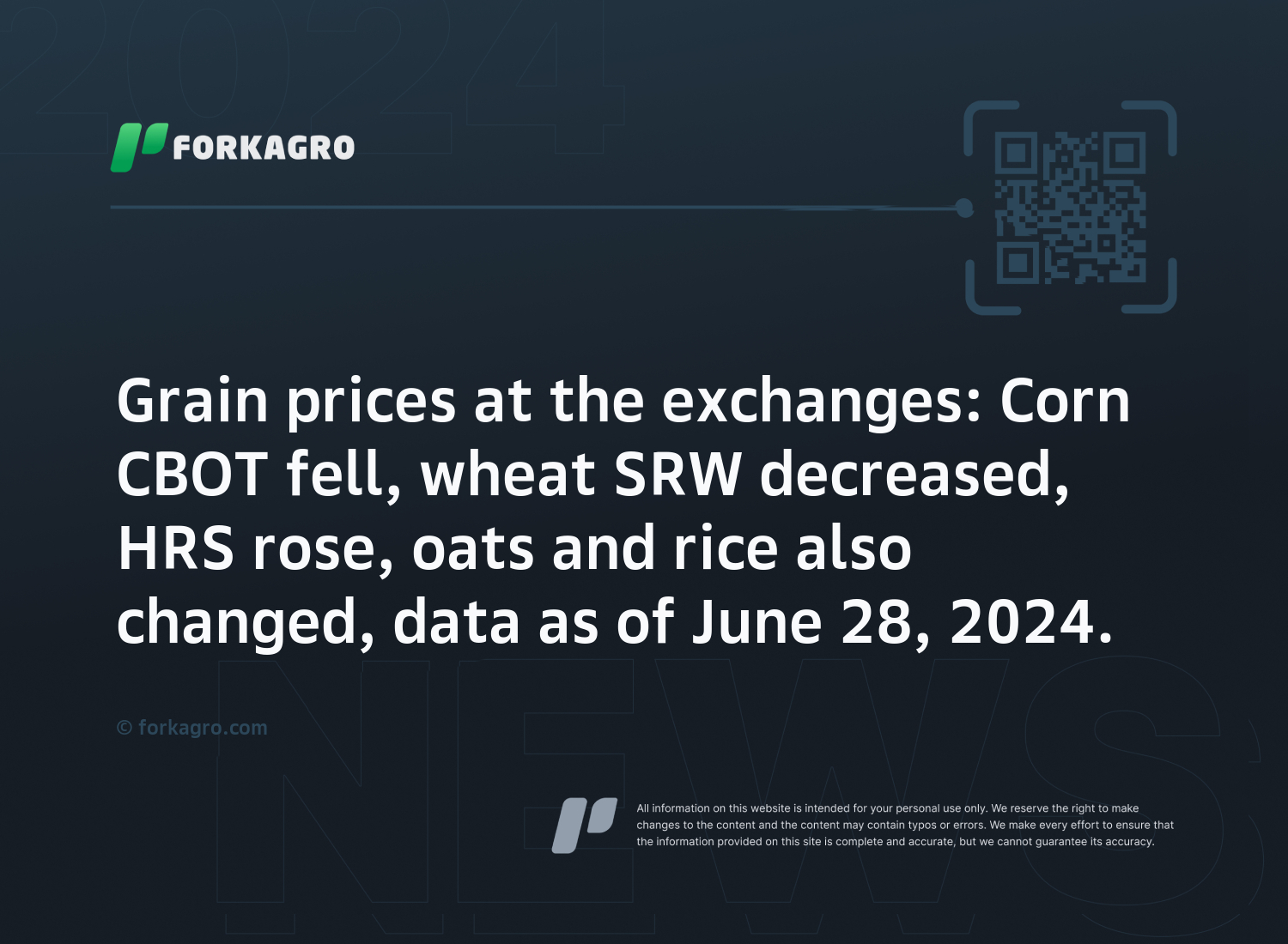 Grain prices at the exchanges: Corn CBOT fell, wheat SRW decreased, HRS rose, oats and rice also changed, data as of June 28, 2024.