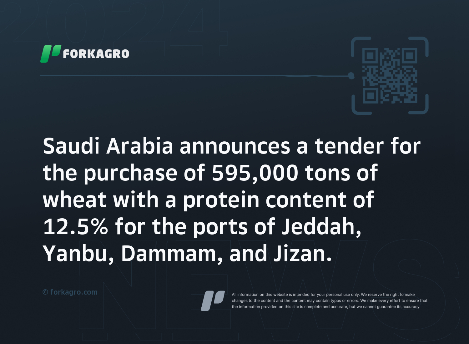 Saudi Arabia announces a tender for the purchase of 595,000 tons of wheat with a protein content of 12.5% for the ports of Jeddah, Yanbu, Dammam, and Jizan.